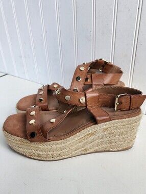 H&M Womens Brown Studded Faux Leather Espadrille Wedge Sandals 40 Or US 9.5